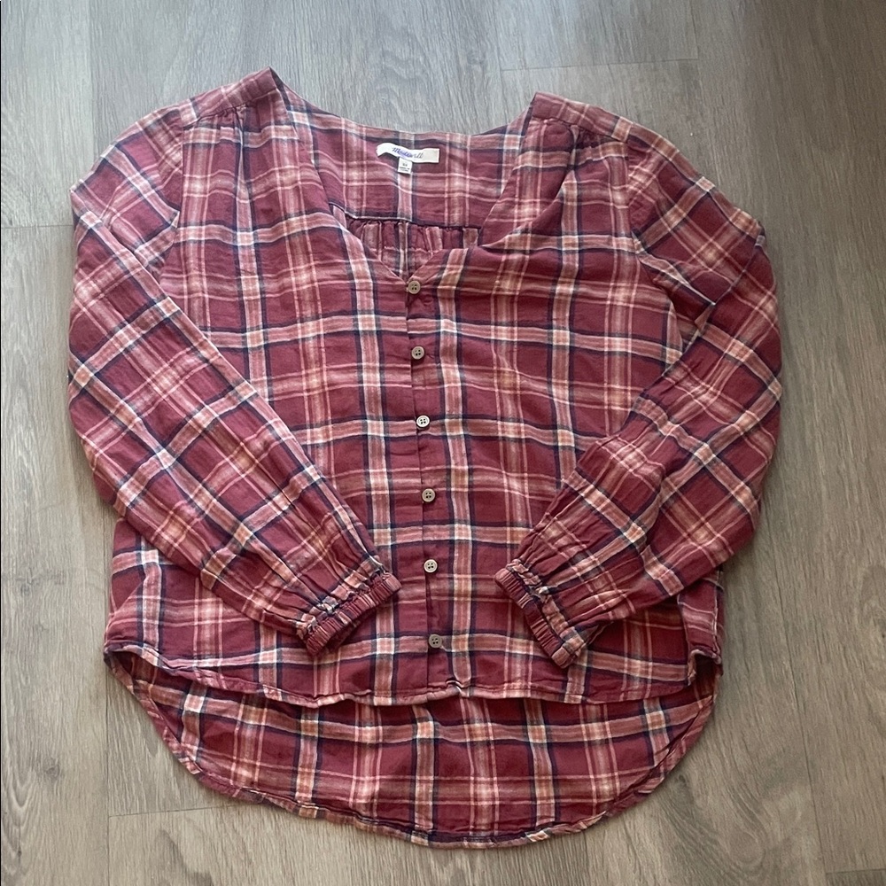Madewell Red Plaid V-Neck Button-Down Long Sleeve Blouse